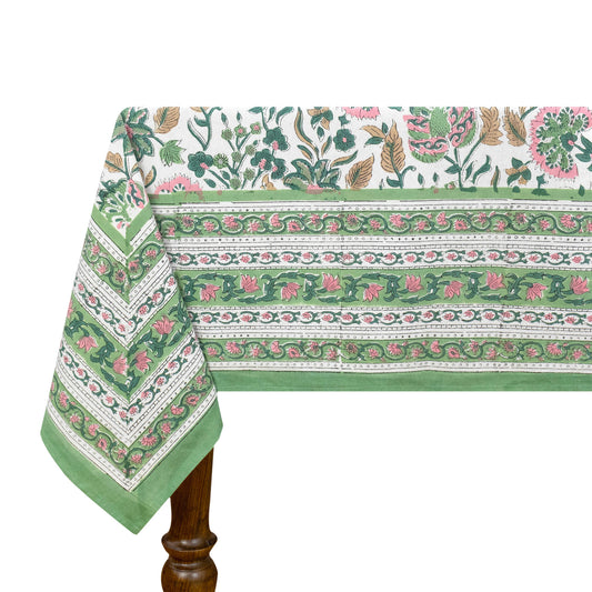 Artisan Block Print Cotton Tablecloth,Green and Pink Indian Rectangle Dining Cover - My Store