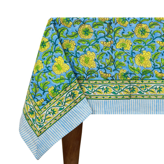 Floral Green Blue Rectangle Table Cover Hand Block Printed Tablecloth - My Store