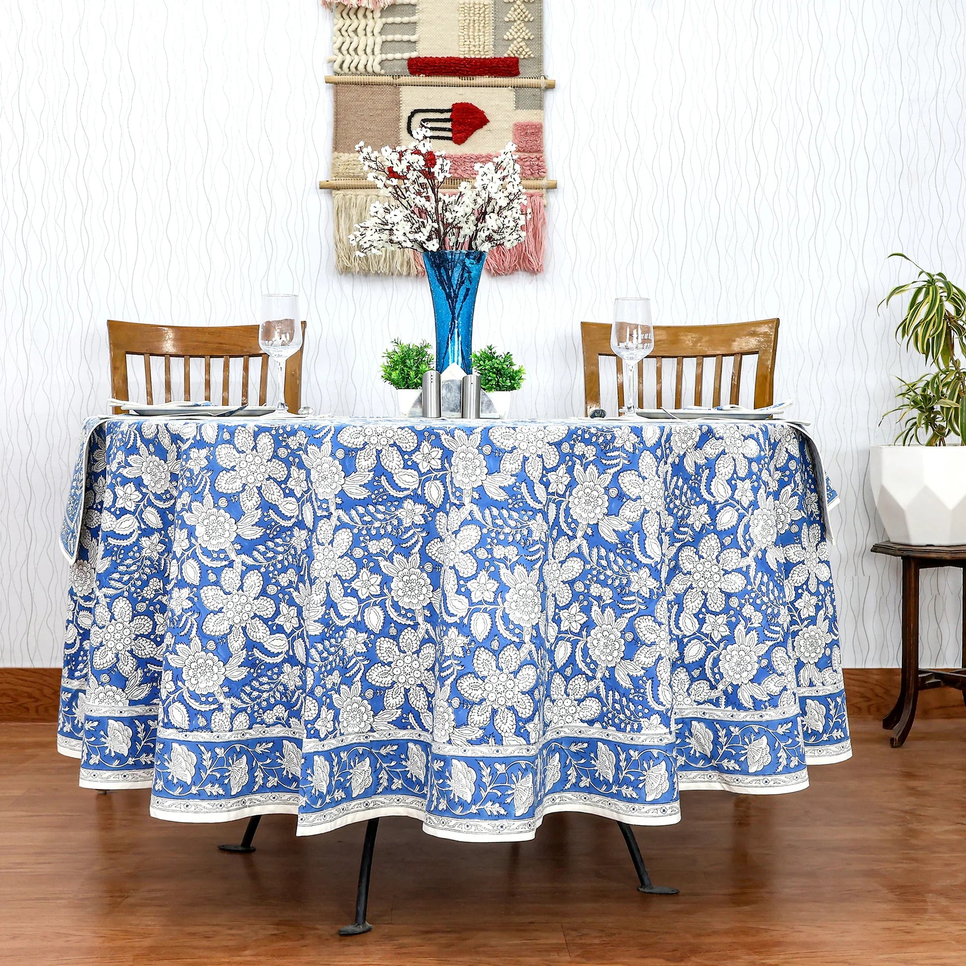 Cerulean Blue Base and White Floral Hand Block Printed Cotton - My Store