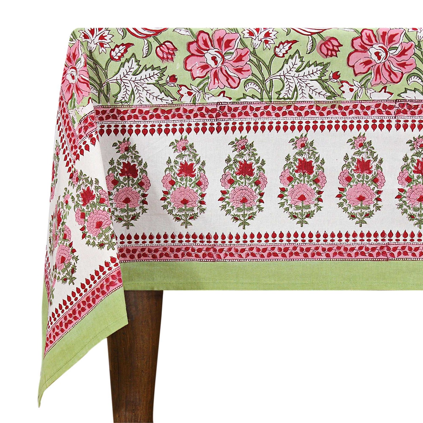 Cotton Green & Red Dining Tablecloth - Block Printed Table Linen - My Store