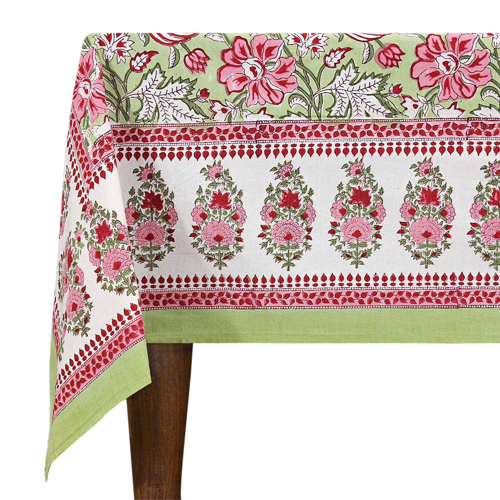 Cotton Green & Red Dining Tablecloth - Block Printed Table Linen - My Store