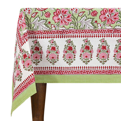Cotton Green & Red Dining Tablecloth - Block Printed Table Linen - My Store