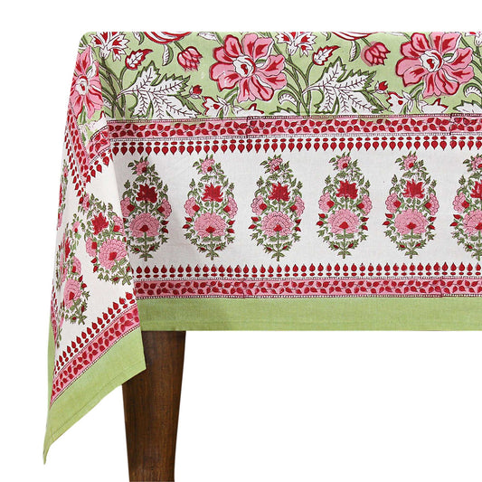 Cotton Green & Red Dining Tablecloth - Block Printed Table Linen - My Store