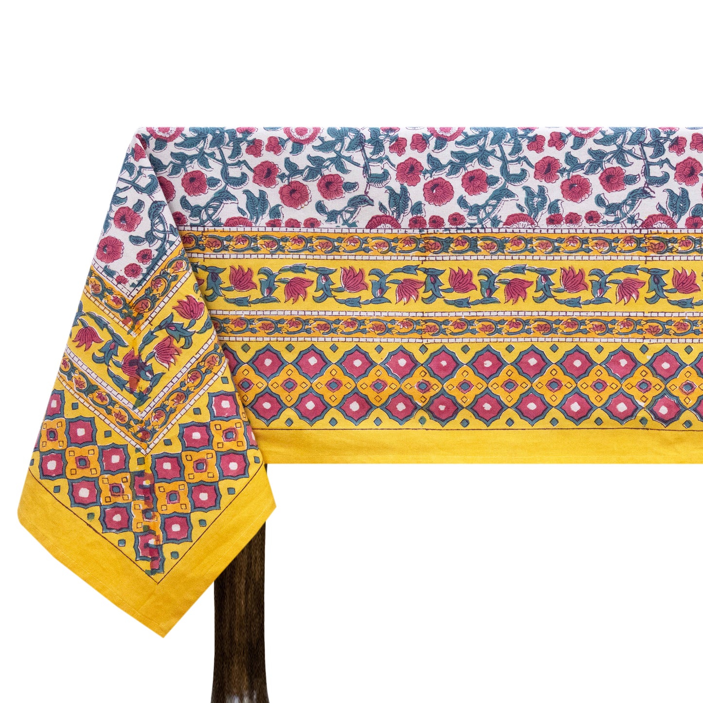 Indian Handmade Block Printed Cotton pink and yellow Rectangle Tablecloth - My Store
