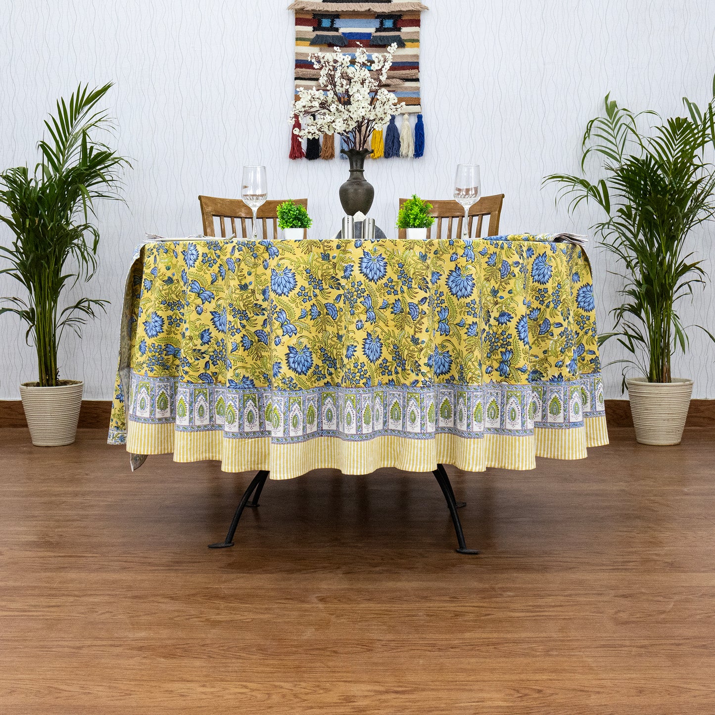 Yellow and Blue Handmade Round Cotton Tablecloth - My Store