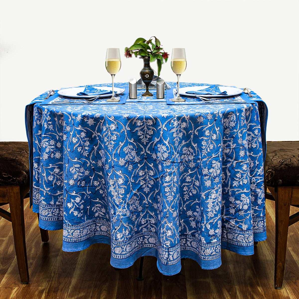 Sky Blue Round Tablecloth, Floral Table Linens, Cotton Table Cover - My Store