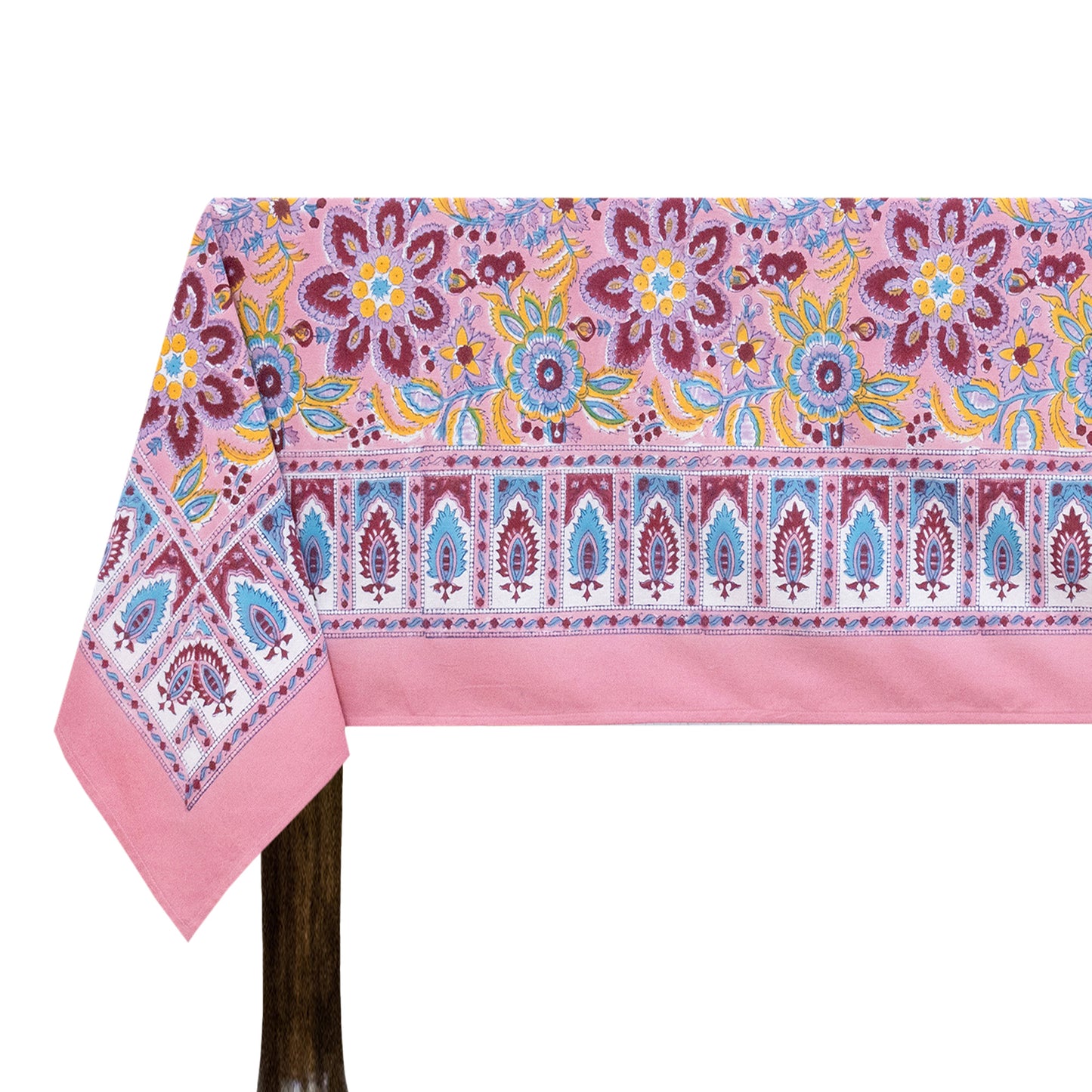 Pink and Blue Floral Hand Block Printed Dinning Table Cover - My Store