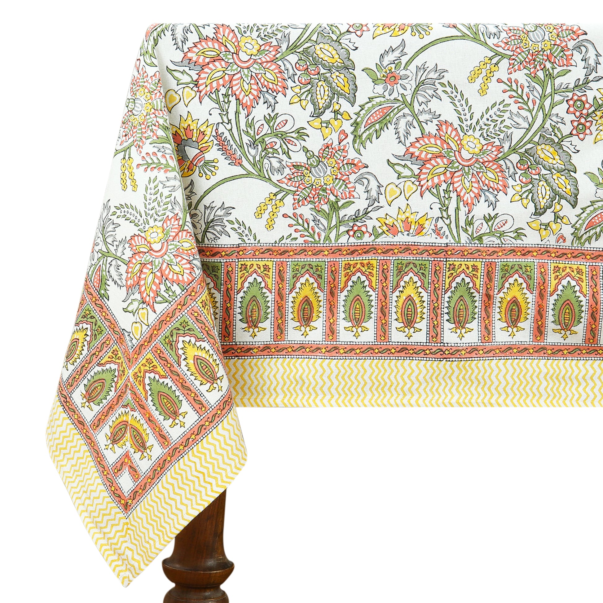 Orange and Green Block Printed Cotton Tablecloth for Rectangle Dinning Decor - My Store