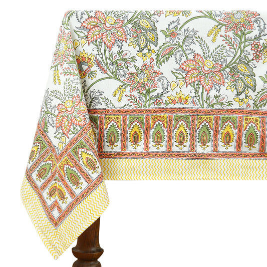 Orange and Green Block Printed Cotton Tablecloth for Rectangle Dinning Decor - My Store