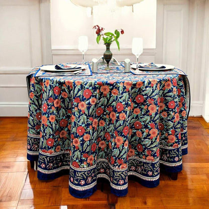 Blue and Red Floral Block Print Tablecloth, Handmade Table Cover - My Store