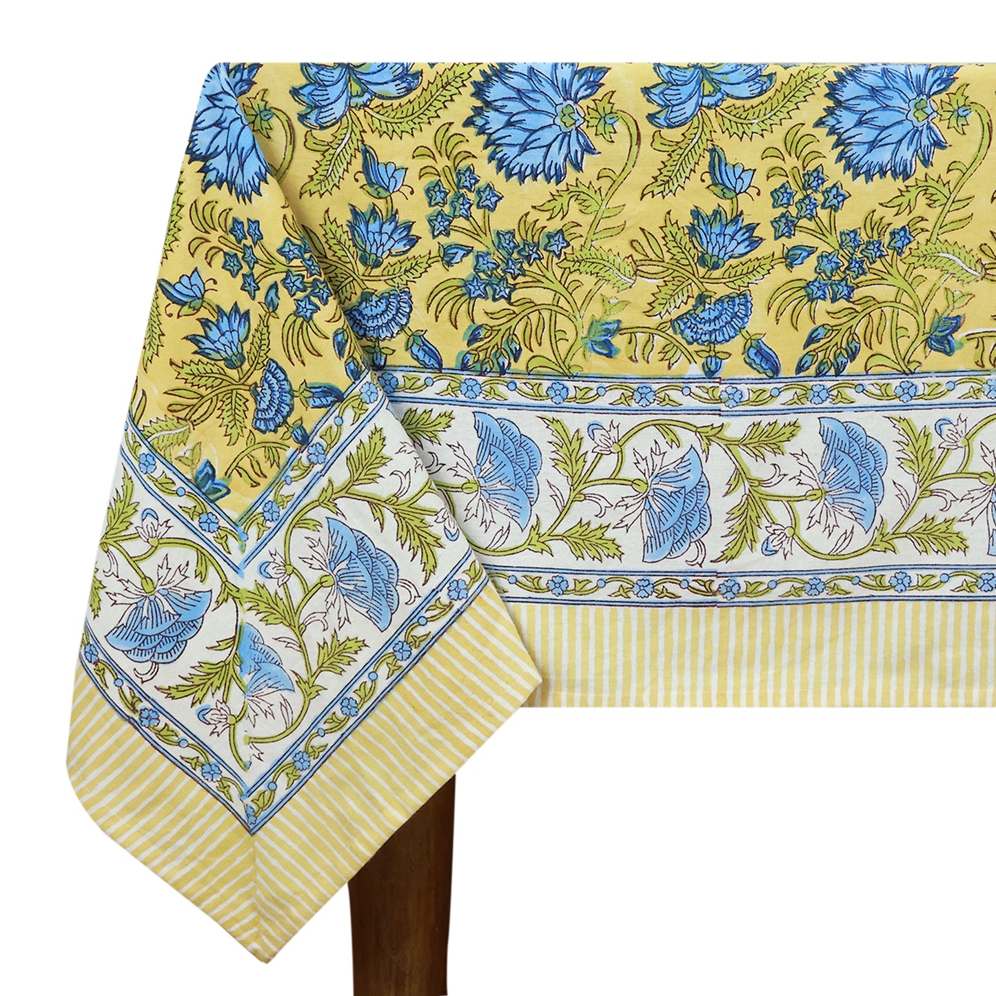 Block Printed Indian Cotton Yellow and Blue Floral Table Cover Rectangle Dinning Decor Tablecloth - My Store