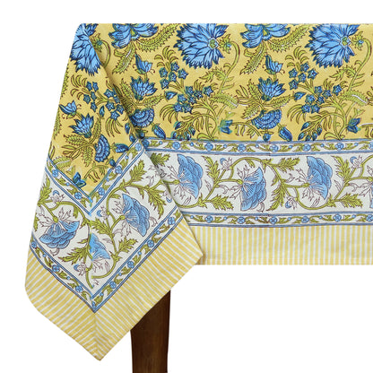 Block Printed Indian Cotton Yellow and Blue Floral Table Cover Rectangle Dinning Decor Tablecloth - My Store