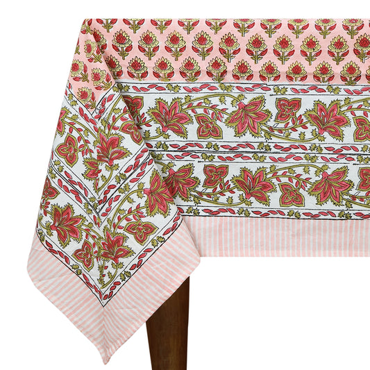 Peach Color Indian Block Print Cotton With Red Floral Print Vintage Table Cover - My Store