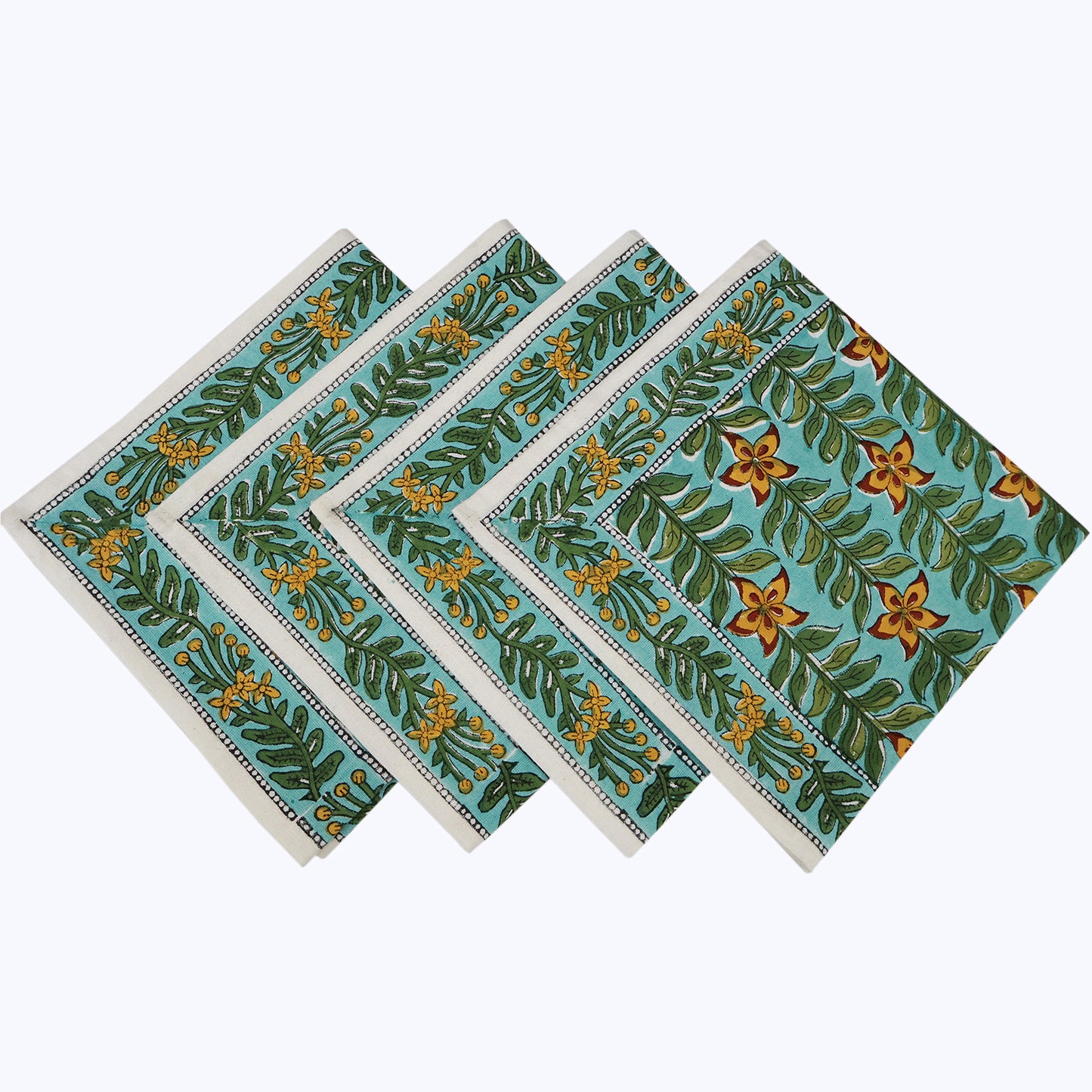 Green and Yellow Hand Block Printed Cotton Napkins Set Of 4 - My Store