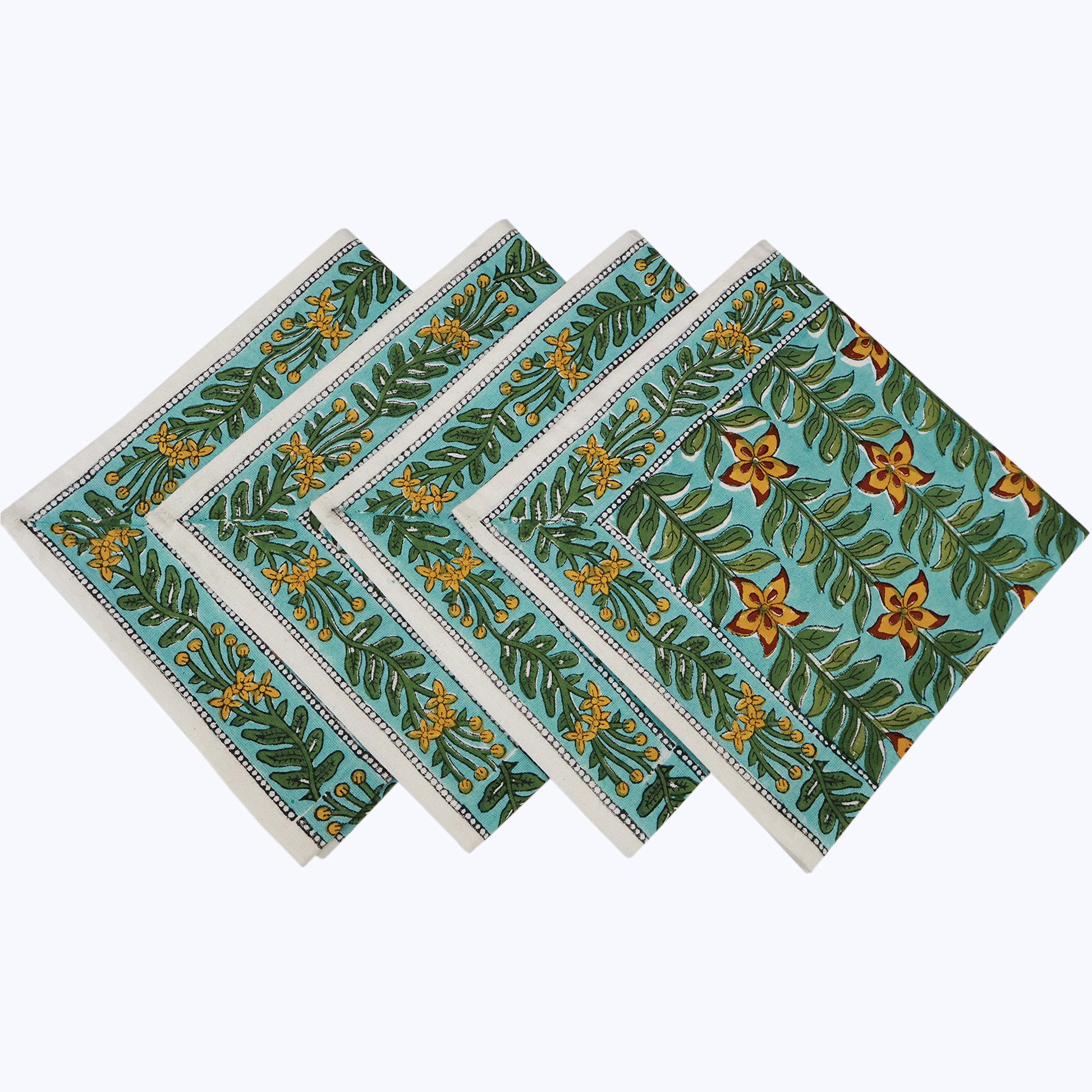Green and Yellow Hand Block Printed Cotton Napkins Set Of 4 - My Store
