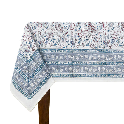 White and Blue Block Print Cotton Tablecloth, Handmade Indian Rectangle Table Linen - My Store