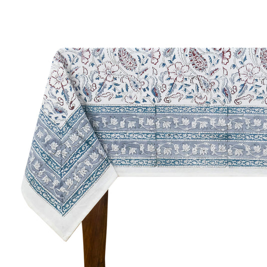 White and Blue Block Print Cotton Tablecloth, Handmade Indian Rectangle Table Linen - My Store