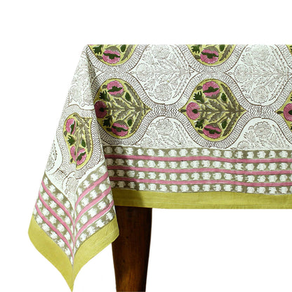 Yellow Indian Hand Block Printed Cotton Cloth Tablecloth With Floral Border - My Store