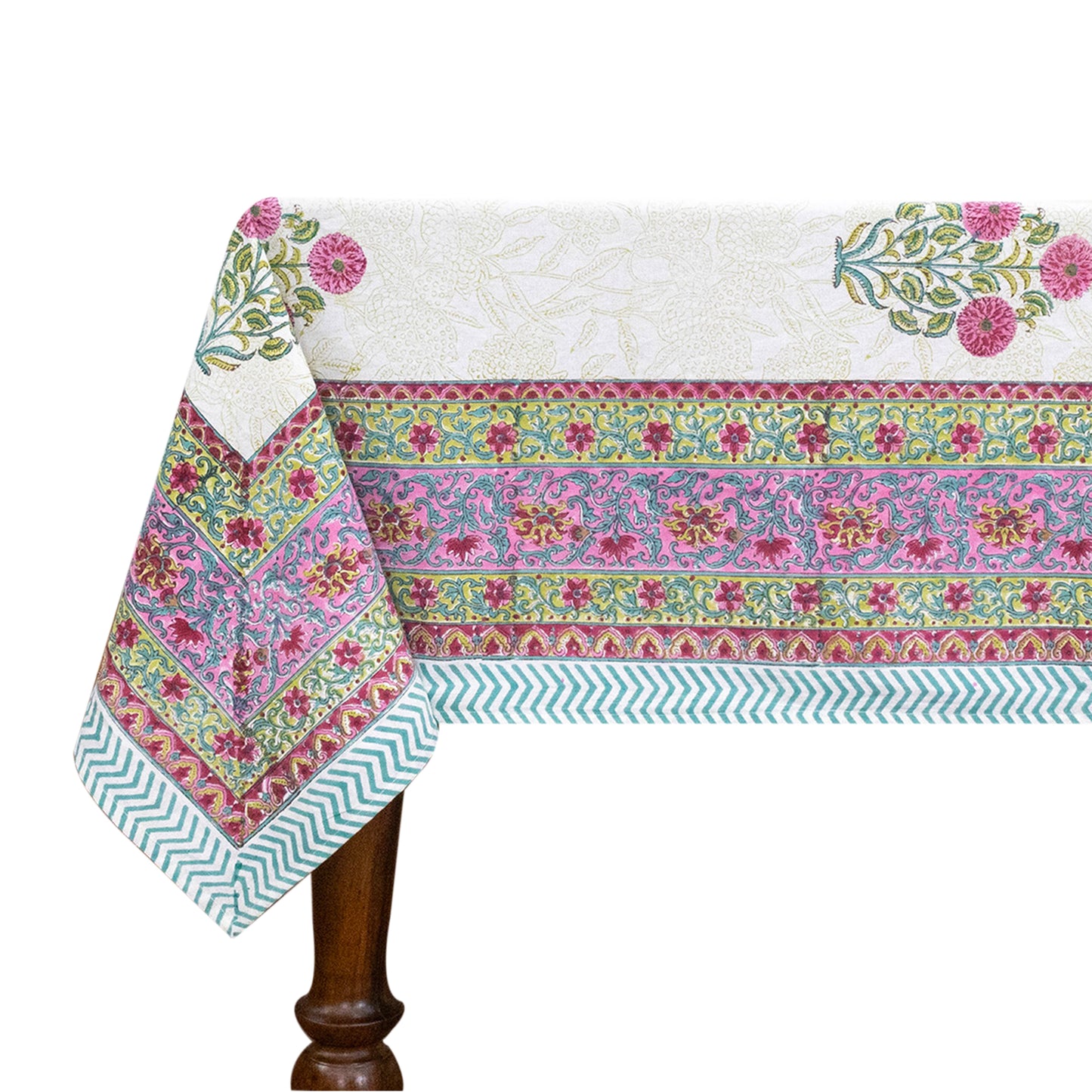 Artisan Block Print Cotton Tablecloth, White and Pink Indian Rectangle Dining Cover - My Store