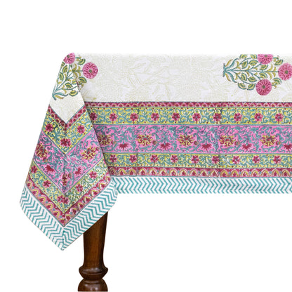 Artisan Block Print Cotton Tablecloth, White and Pink Indian Rectangle Dining Cover - My Store
