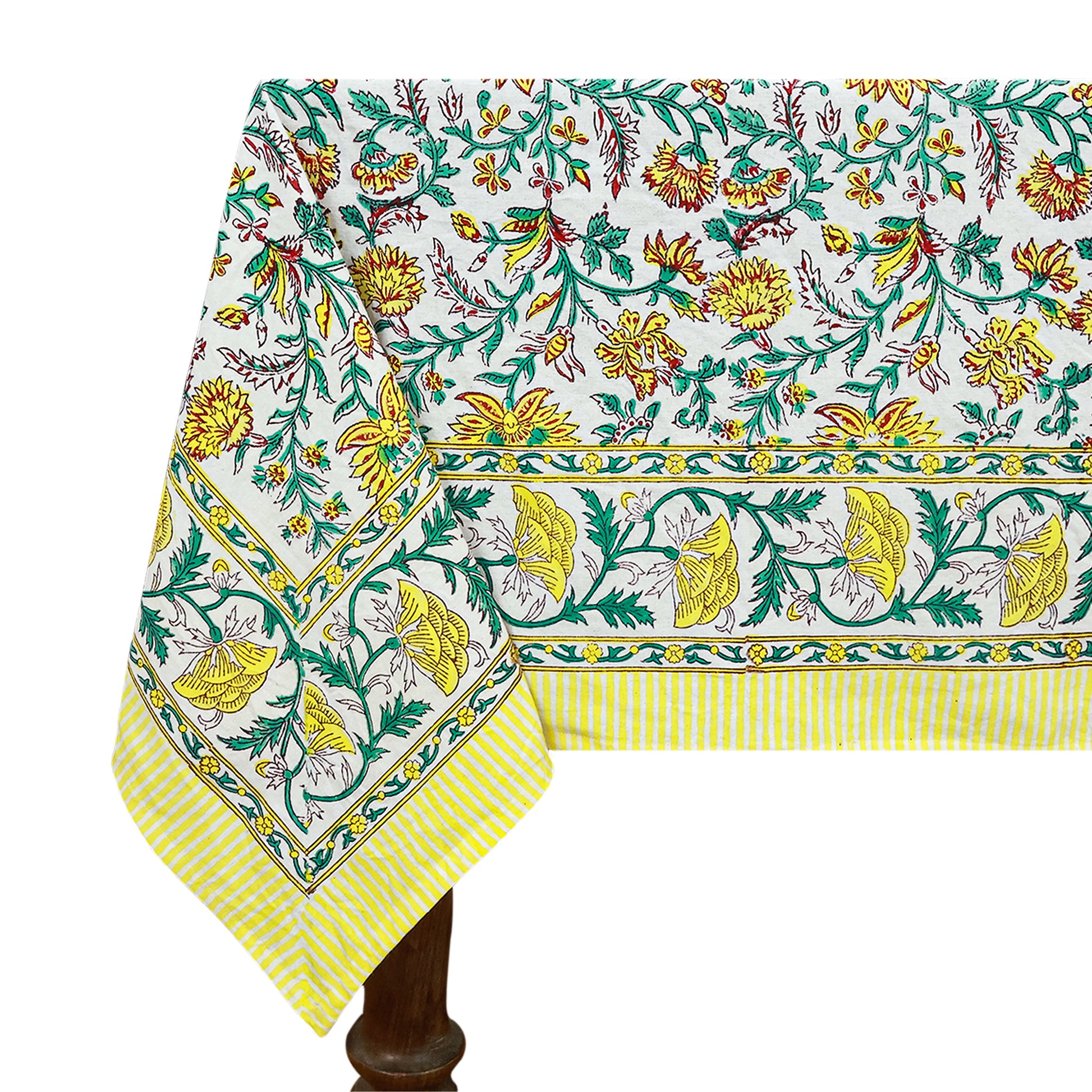 Green Indian Hand Block Floral Printed Cotton Tablecloth With Yellow Border - My Store