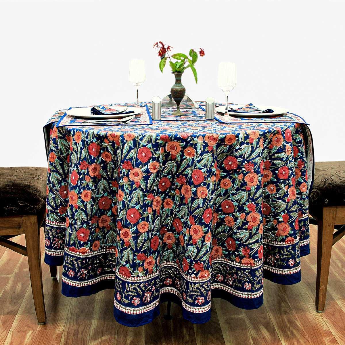 Blue and Red Floral Block Print Tablecloth, Handmade Table Cover - My Store