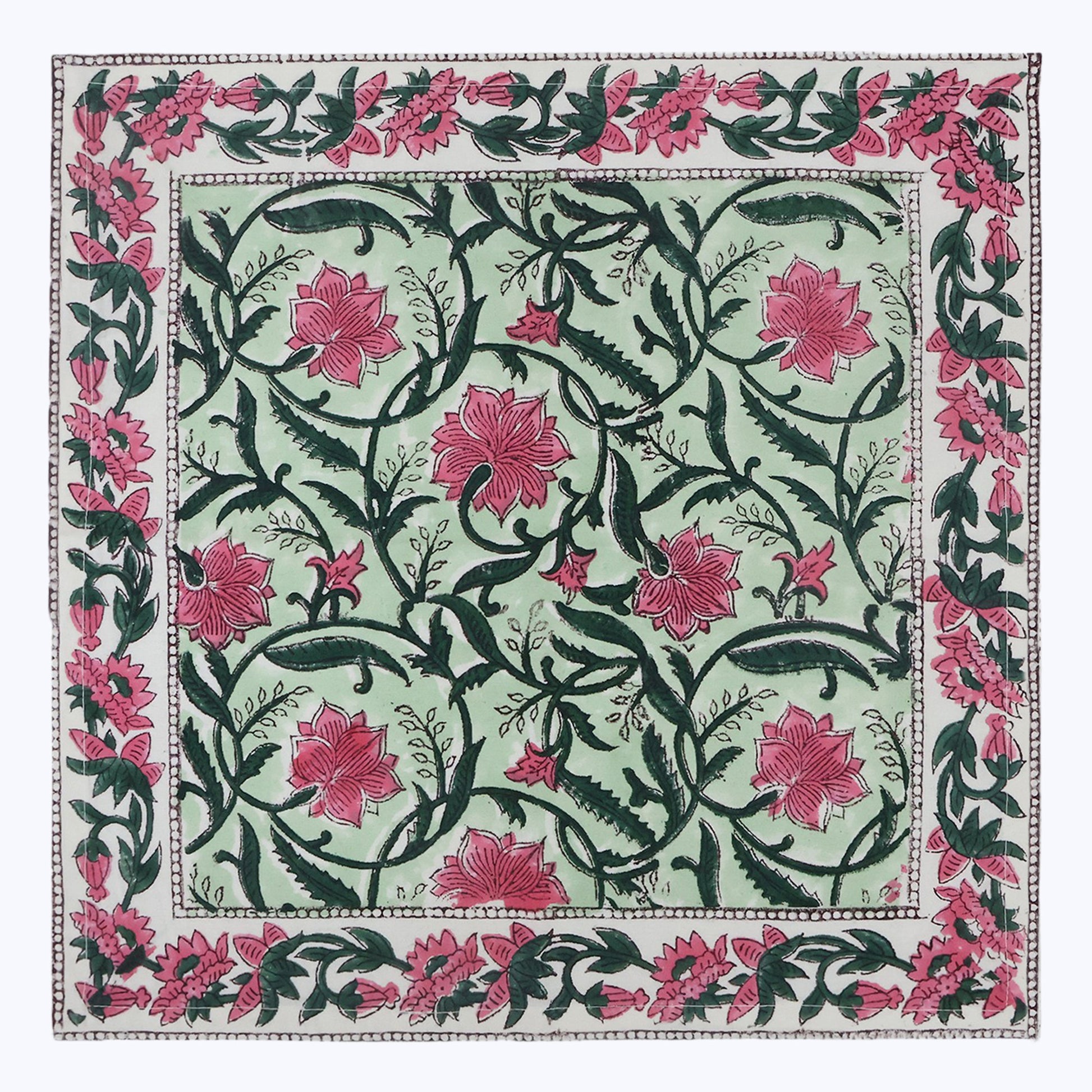 Green and Pink Hand Block Printed Cotton Napkins Set Of 4 - My Store