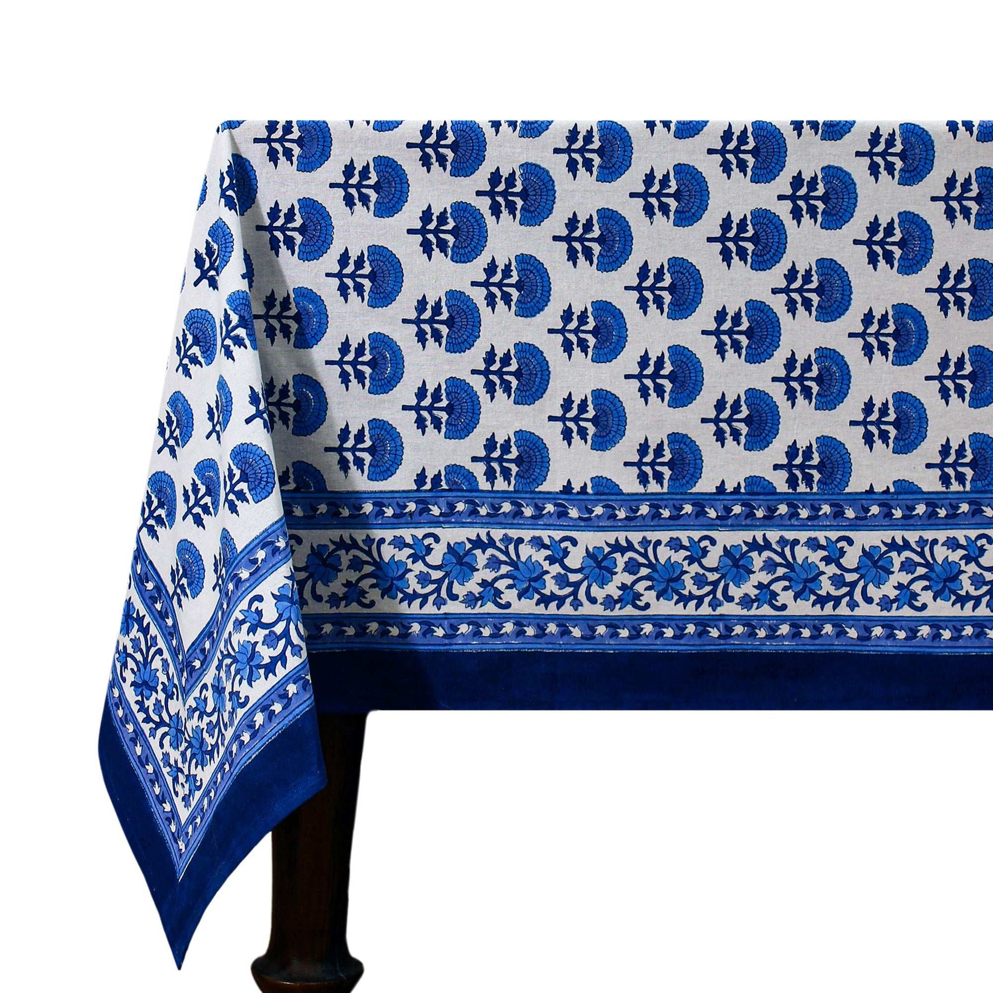 White and Blue Hand Block Printed Cotton Tablecloth - My Store