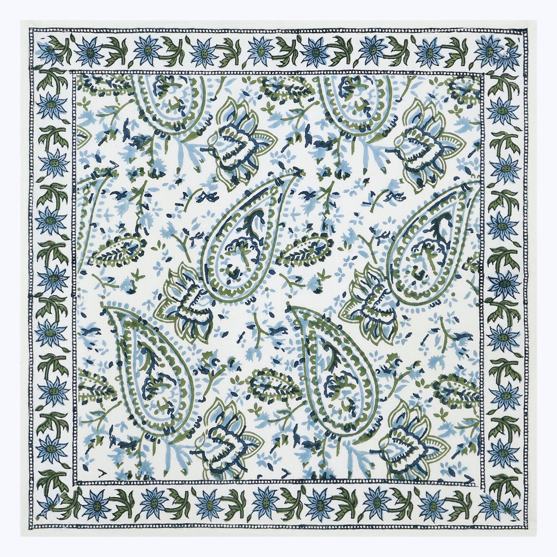 Green and White Hand Block Printed Cotton Napkins Set Of 4 - My Store