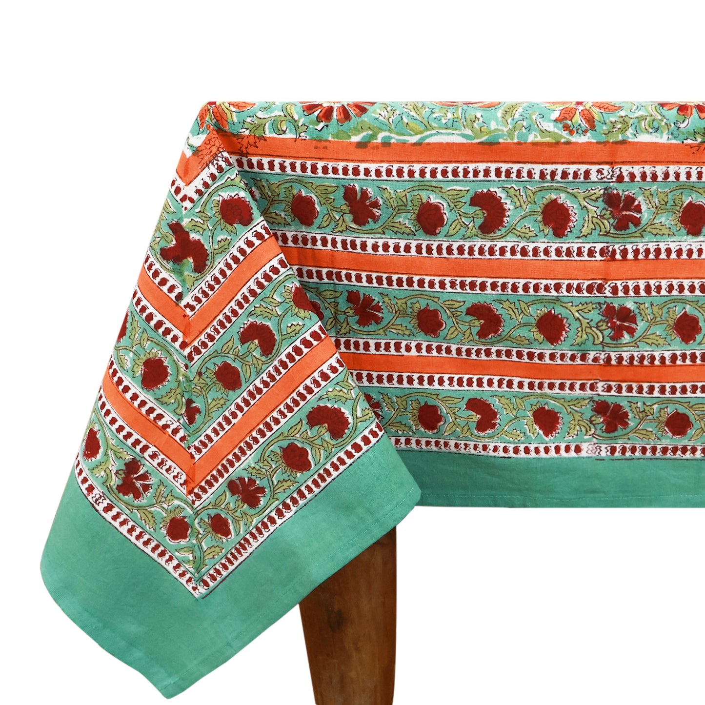 Green Red Floral Indian Hand Block Printed 100% Cotton Tablecloth - My Store