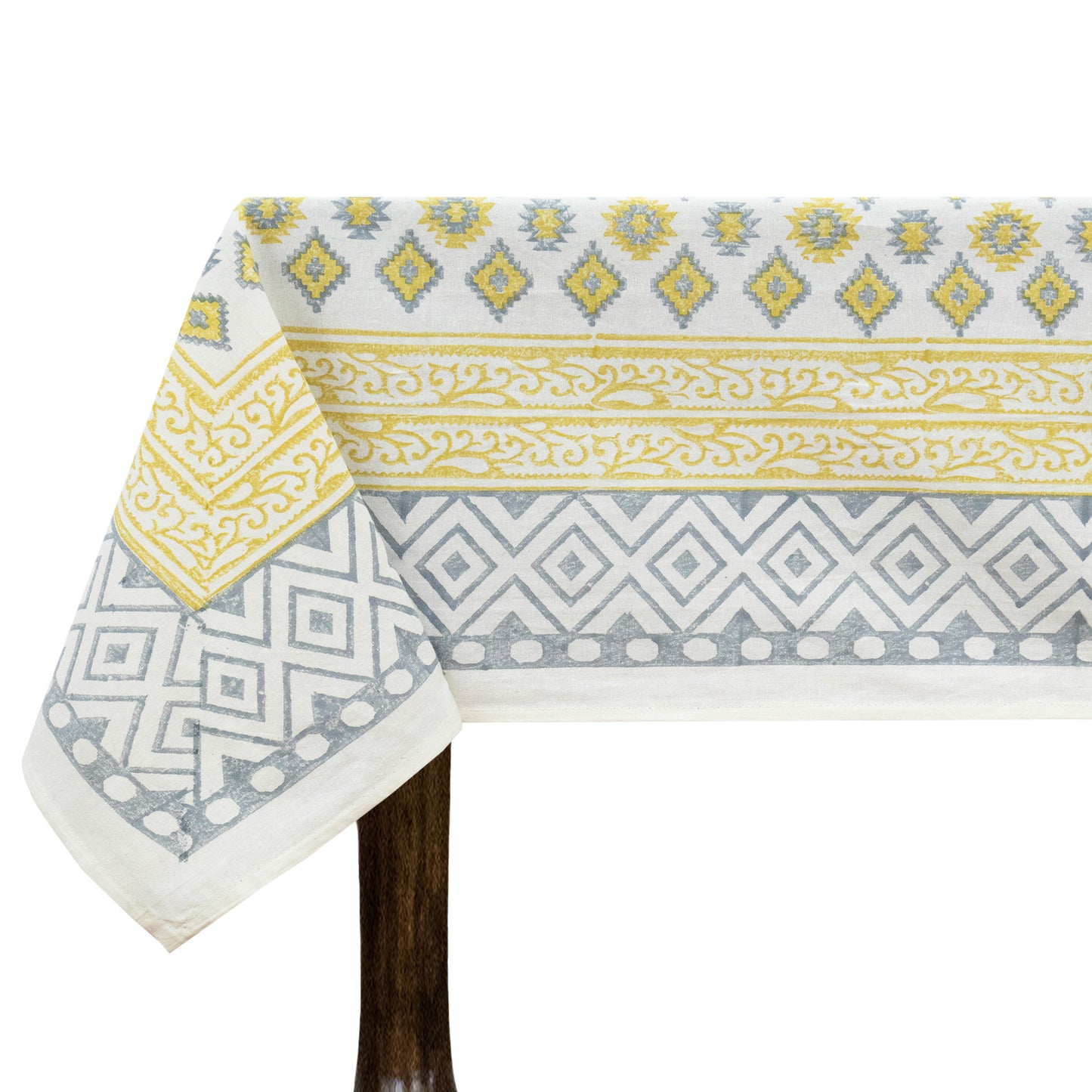 Indian Handmade Block Printed Cotton Yellow and Blue Rectangle Tablecloth - My Store