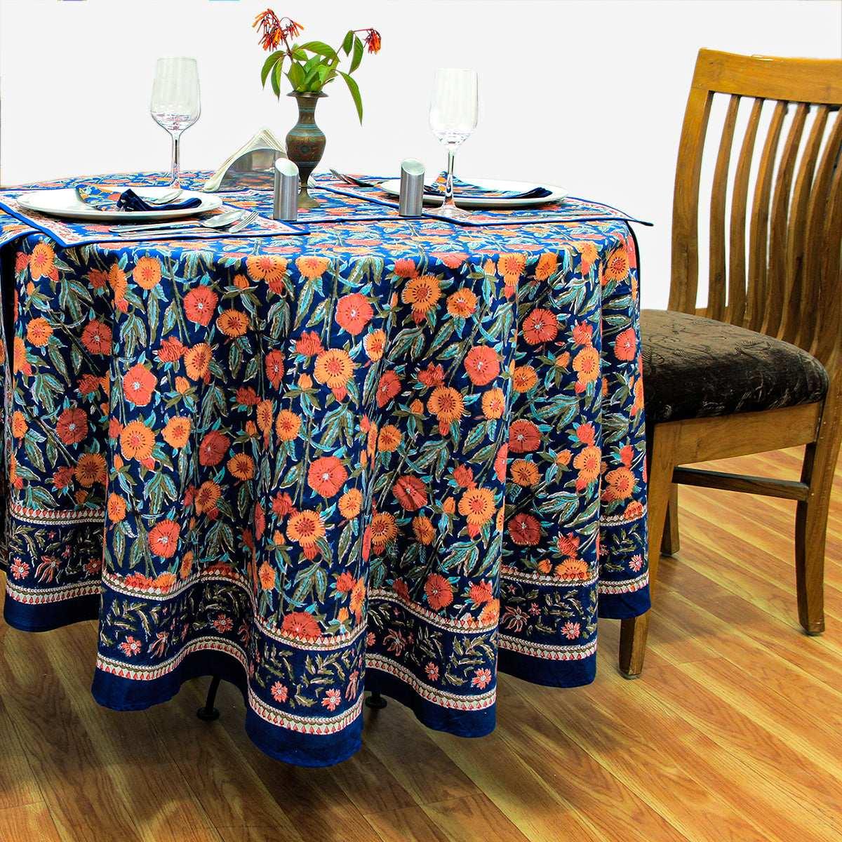 Blue and Red Floral Block Print Tablecloth, Handmade Table Cover - My Store