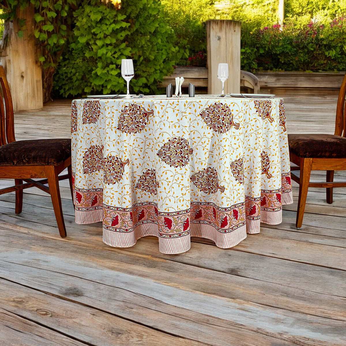 Light Orange and Wine Red Floral Block Printed Cotton Tablecloth For Valentine - My Store