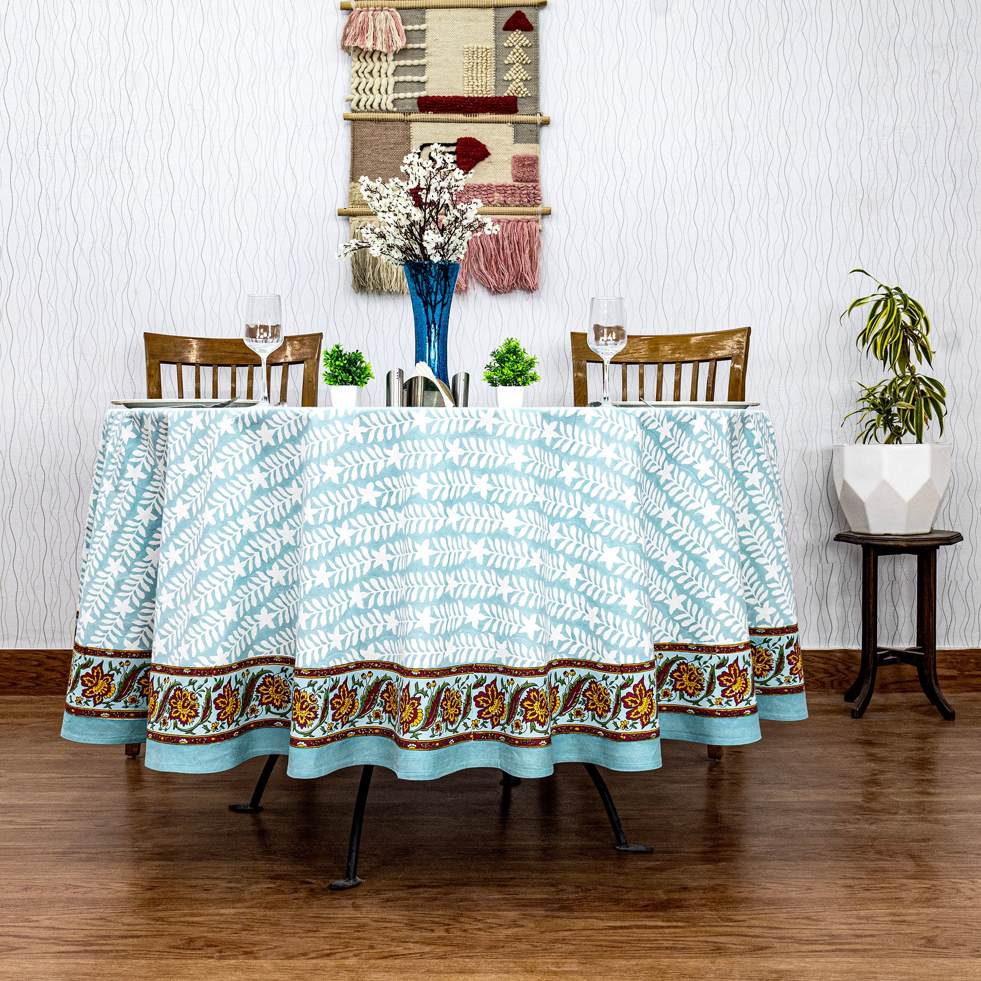 Blue and Green Handmade Block Printed Cotton Tablecloth - My Store