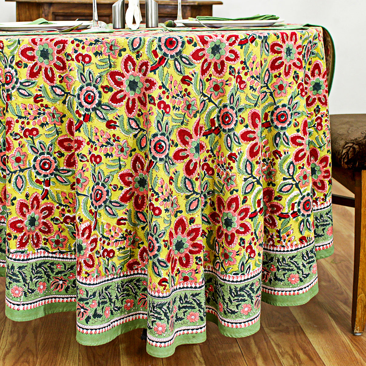 Hand Block Printed Floral Round Cotton Tablecloth - My Store