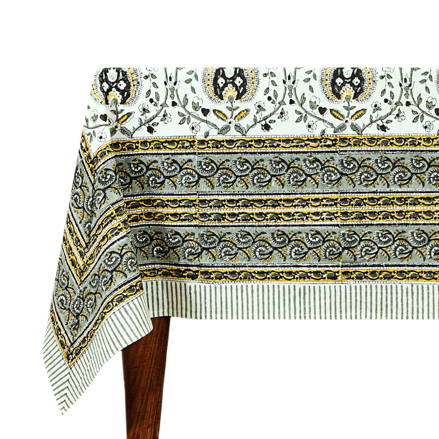 Hand Block Printed Gray and White Rectangle Floral Print Table Cover - My Store