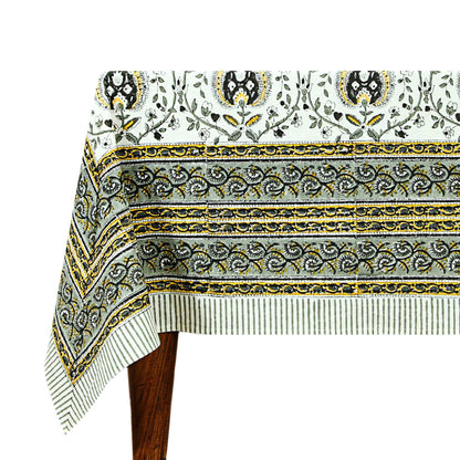 Hand Block Printed Gray and White Rectangle Floral Print Table Cover - My Store