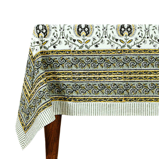 Hand Block Printed Gray and White Rectangle Floral Print Table Cover - My Store