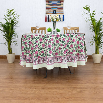 Pink and Green Hand Block Printed Round Tablecloth - My Store
