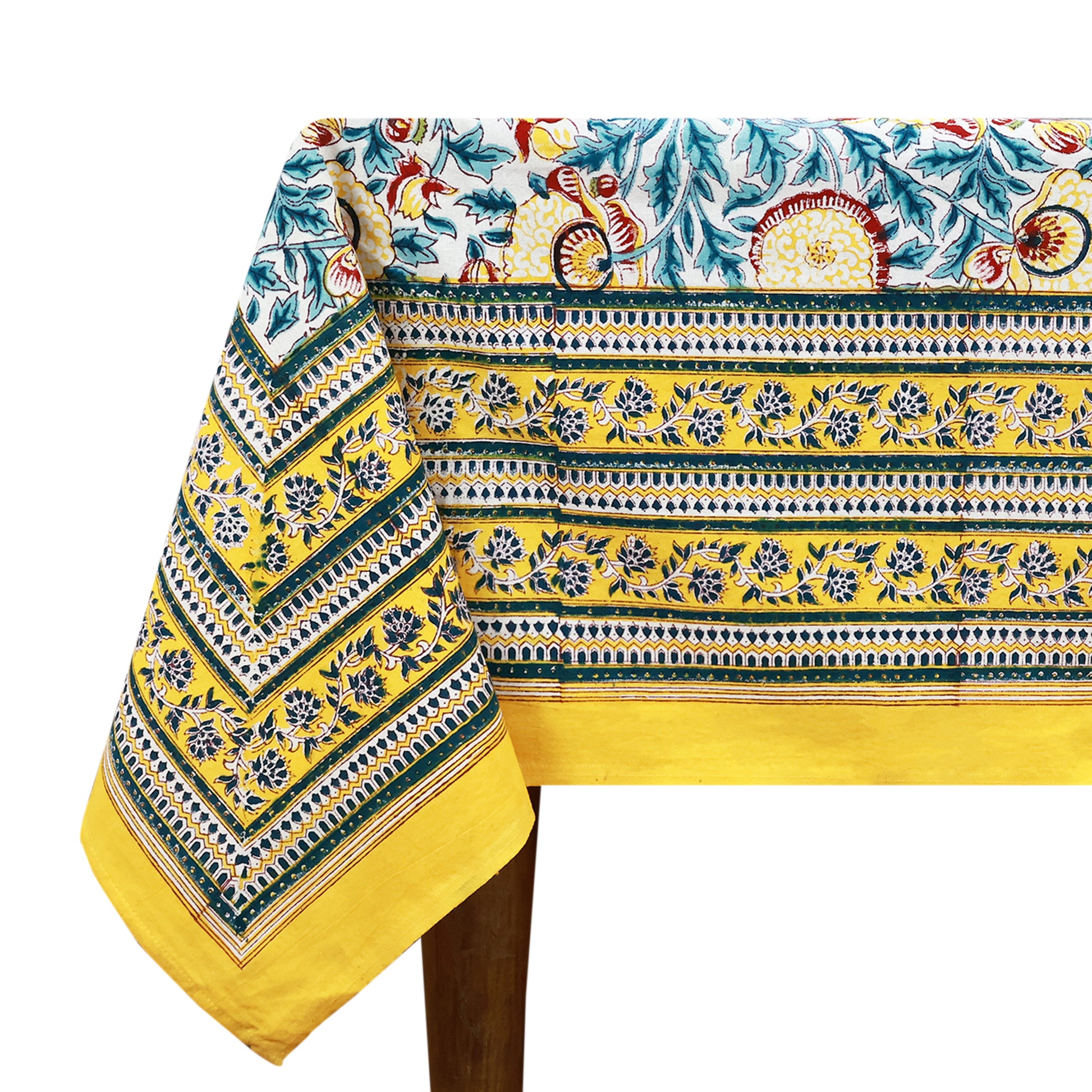 Indian Hand Block Printed Cotton Yellow and Green Dinning Tablecloth - My Store