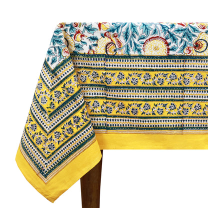 Indian Hand Block Printed Cotton Yellow and Green Dinning Tablecloth - My Store