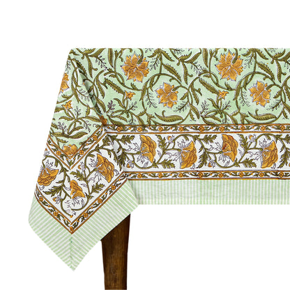 Floral Green Yellow Hand Block Printed Cotton Rectangle Tablecloth - My Store