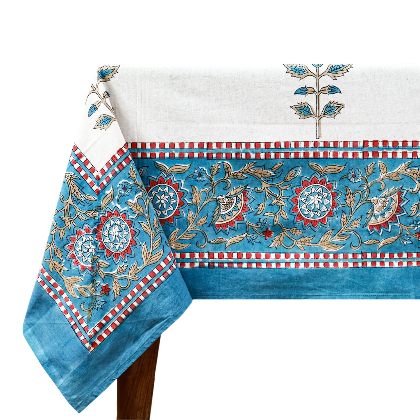 Classic White and Cyan Blue Hand Block Floral Tablecloth 100% Cotton - My Store