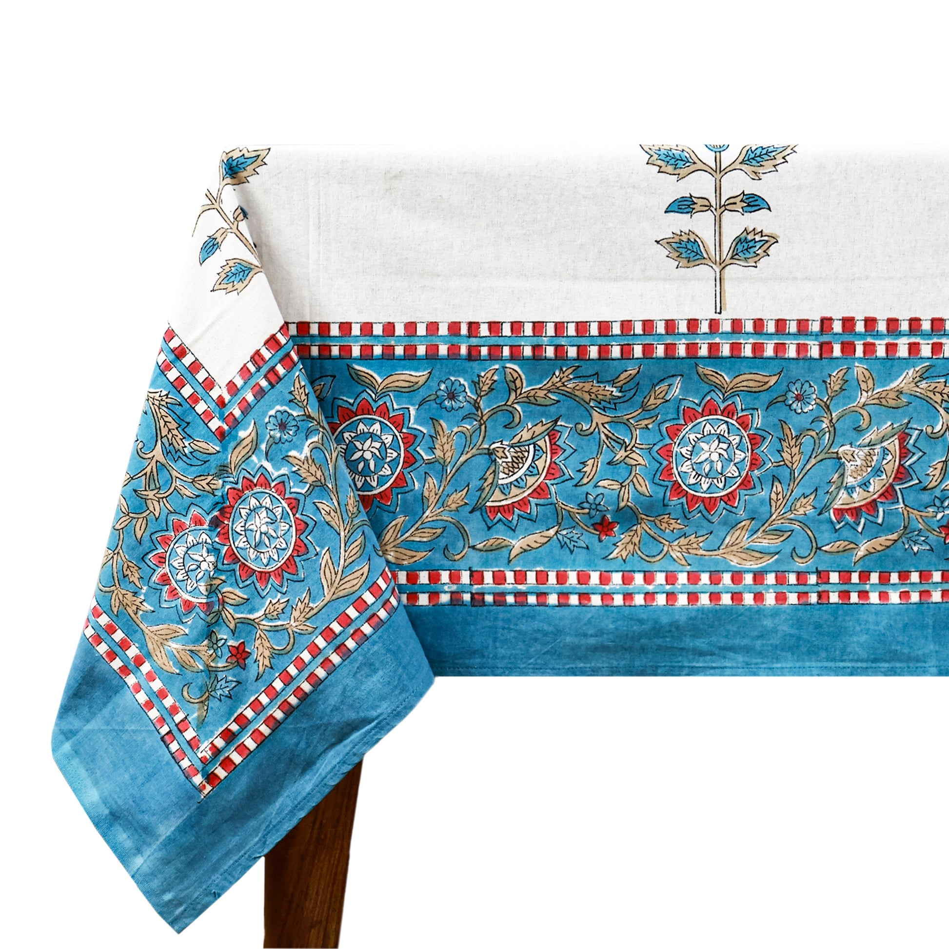 Classic White and Cyan Blue Hand Block Floral Tablecloth 100% Cotton - My Store