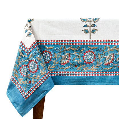 Classic White and Cyan Blue Hand Block Floral Tablecloth 100% Cotton - My Store