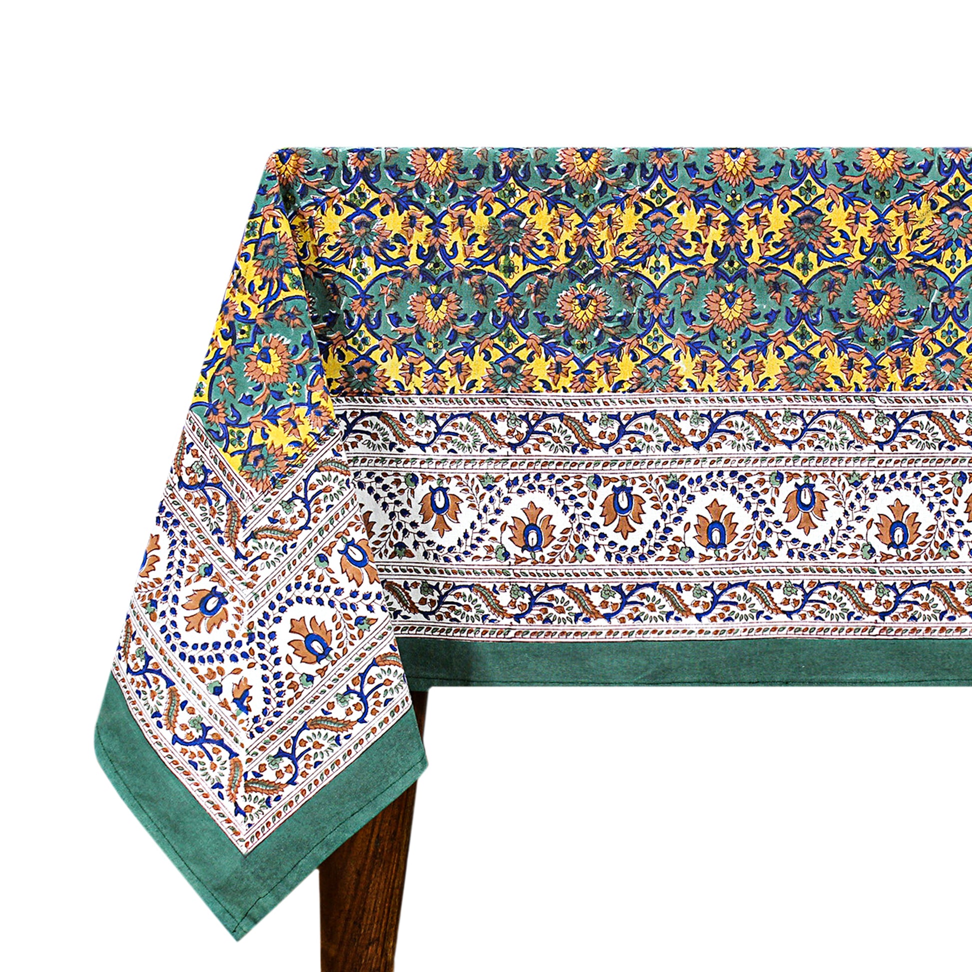Floral Green Yellow Table Cover - Block Printed table Cloth - My Store