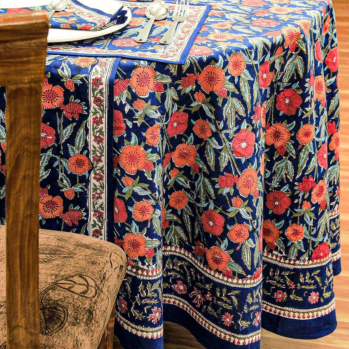 Blue and Red Floral Block Print Tablecloth, Handmade Table Cover - My Store