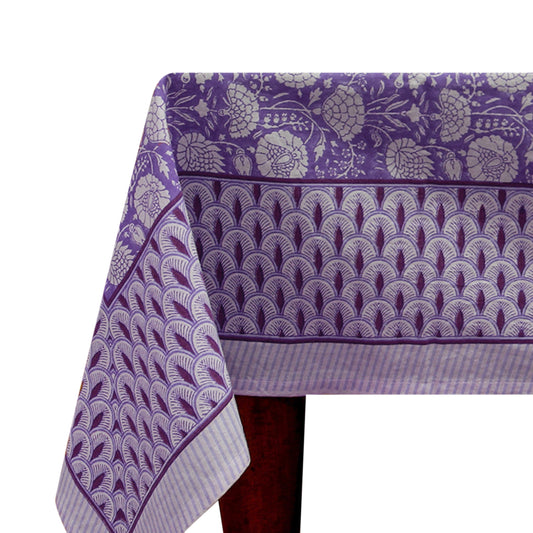 Purple and White Dinning Tablecloth, Hand Block Printed Table Cover - My Store