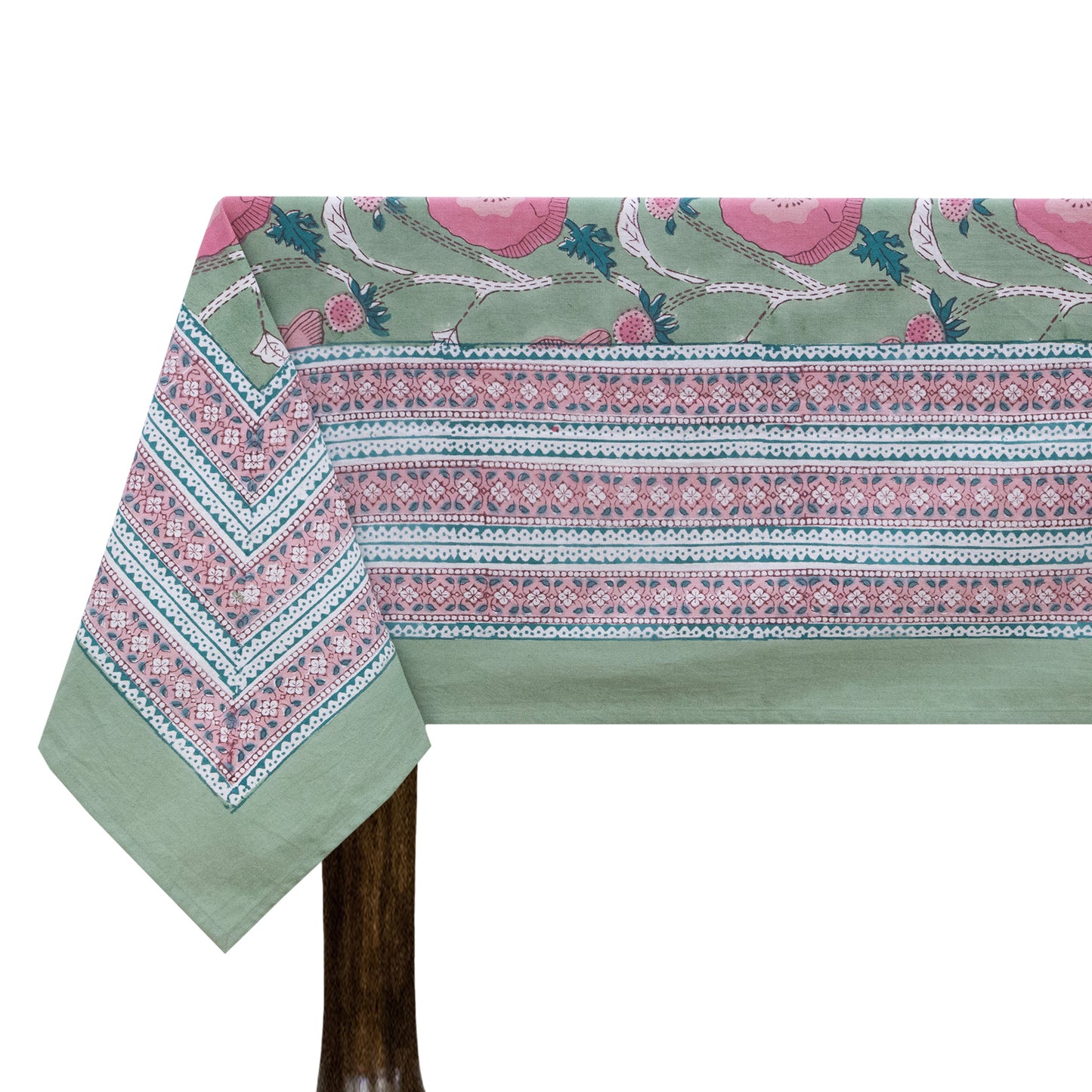 Green Pink Floral Indian Hand Block Printed Cotton Tablecloth - My Store