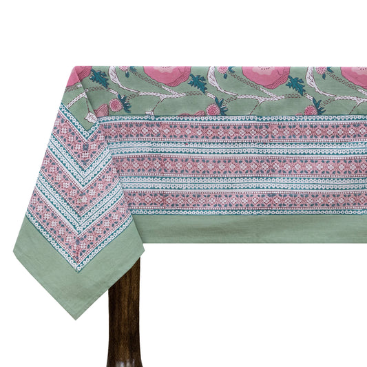 Green Pink Floral Indian Hand Block Printed Cotton Tablecloth - My Store